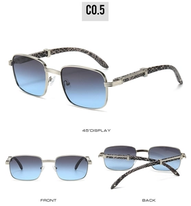 Detail view of square sunglasses with blue gradient lenses and C-shaped hinge decoration