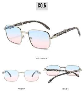 Three views of square sunglasses with blue-pink gradient lenses and leopard print temples
