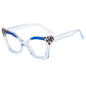 Blue cat eye glasses with transparent frame and tortoiseshell pattern accents