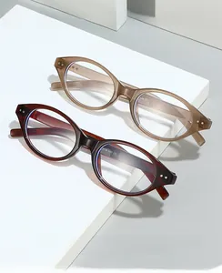 Close-up of stylish oval anti-blue light glasses with CE mark on minimalist background