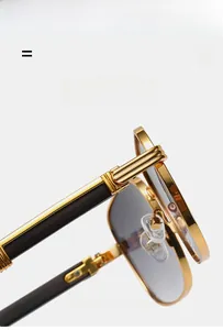 Detailed macro view of vintage square sunglasses with gold metal frame and wood grain temples