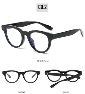 Three-way view of retro round black sunglasses showing front, back, and 45-degree angle