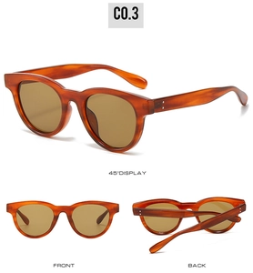 Three-angle view of vintage tortoiseshell sunglasses with brown lenses and metal rivets