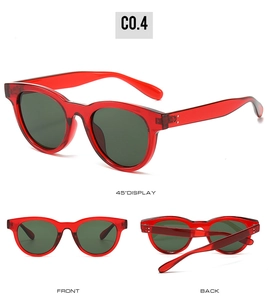 Detailed multi-angle views of red translucent sunglasses with dark lenses from model C0.4