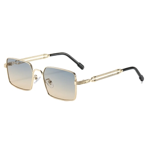 Square gold metal sunglasses with blue-yellow gradient lenses and twisted rope temples