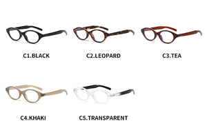 Collection of oval blue light glasses in black, leopard, tea, khaki and transparent frames