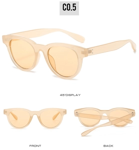 Three perspectives of retro beige sunglasses showing front, back, and 45-degree angle views