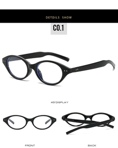 Detail view of oval black frame glasses showing front and back angles in retro style