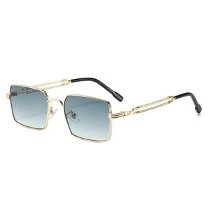 Retro square sunglasses with gold metal frame, blue gradient lenses and chain temple details