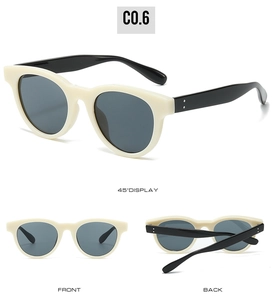 Three views of retro cream sunglasses with black lenses and metal dot decorations