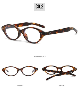 Three views of tortoise shell oval glasses frames showing front, side and back angles