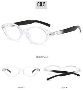 Multi-angle view of transparent oval glasses frames with black gradient temples