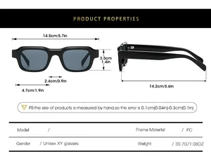 Detailed size chart for rectangular sunglasses showing frame width and lens measurements