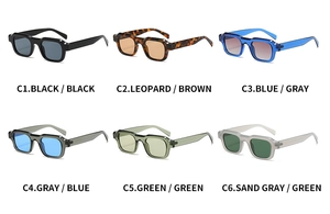 Detailed grid view showing six color variants of rectangular frame fashion sunglasses