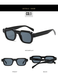 Detailed views of black rectangular sunglasses featuring thick frames and dark lenses
