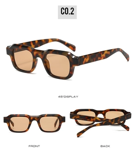 Detailed views of square tortoiseshell sunglasses with orange lenses and wide temples