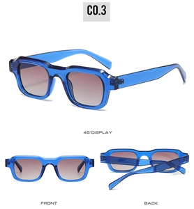 Detailed views of blue rectangular sunglasses with brown gradient lenses from three angles