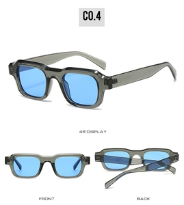 Three views showing modern square sunglasses with gray transparent frame and blue lenses