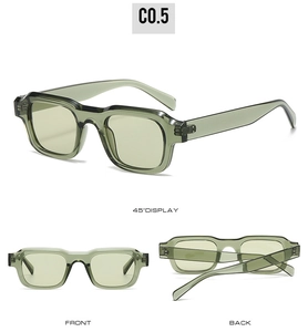 Multiple views of square frame translucent green sunglasses showing front and side angles
