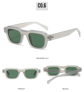 Detailed views of grey rectangle sunglasses with dark green lenses and matte finish frames