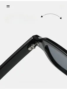 Detail of durable metal hinges on glossy black square frame sunglasses for smooth folding