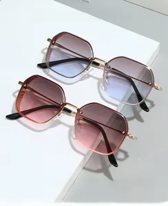 Detailed macro view of trendy gold metal geometric frames with gradient color lenses