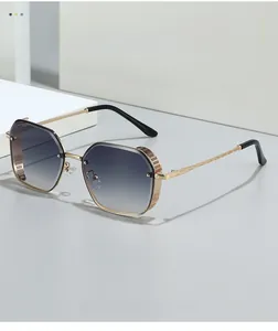 Detailed macro of gold metal sunglasses frame with intricate hollow side shields and grey lenses