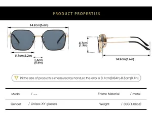 Size guide for vintage square sunglasses showing precise metal frame dimensions and weight