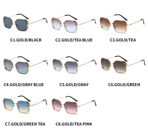 Matrix display of eight colorful polygonal metal sunglasses with various gradient lenses