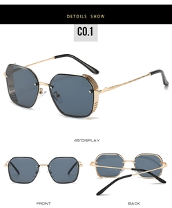 Detailed views of gold octagonal sunglasses featuring textured temples and dark grey lenses