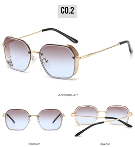 Detailed views showing geometric metal frame sunglasses with textured temple engravings