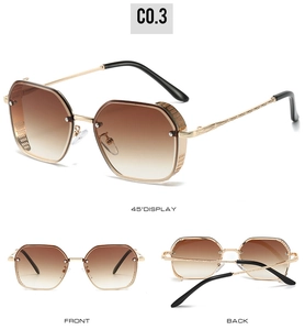Detailed views of vintage geometric sunglasses with gold frames and brown gradient lenses