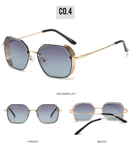 Macro detail of golden metal temples with intricate hollow carvings on square sunglasses