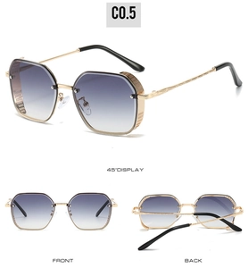 Detailed views of gold square metal sunglasses with grey gradient lenses and hollow frames