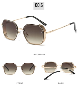 Detailed views of geometric gold metal sunglasses with gradient lenses and carved temples