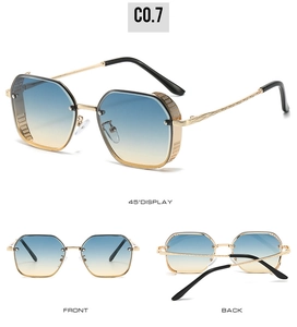 Detail of vintage square sunglasses with gold metal frame and industrial side shields