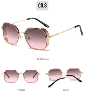 Detail view of pink gradient lenses and gold metal frame with hollow grid temple design