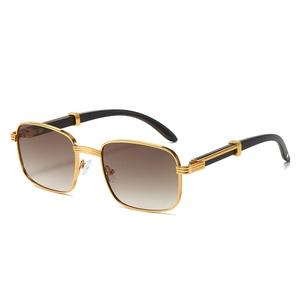 Retro square sunglasses with gold metal frame, brown gradient lenses and wood grain arms
