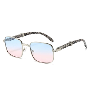 Retro rectangle metal sunglasses with blue-pink gradient lenses and tortoiseshell temples