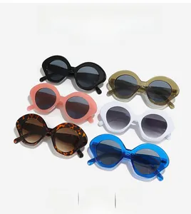 Collection of retro oval sunglasses in black, tea, pink, white, tortoise, and blue colors