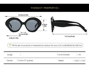 Detailed size chart for oval sunglasses featuring dimensions in centimeters and inches
