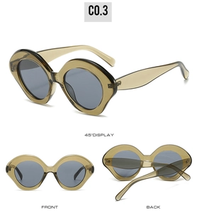 Three-view display of vintage oval sunglasses with translucent grey-green frames