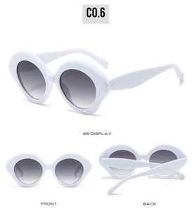 Detail view of white oval sunglasses with gradient lenses showing front and back angles