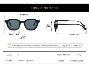 Detailed size chart for retro oval sunglasses showing dimensions and PC frame specifications