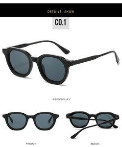 Detailed multi-angle view of retro oval sunglasses with thick black frames and dark lenses