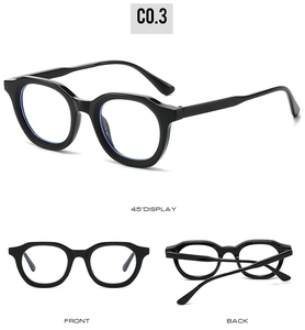 Three-view display of black oval sunglasses featuring blue light blocking lenses