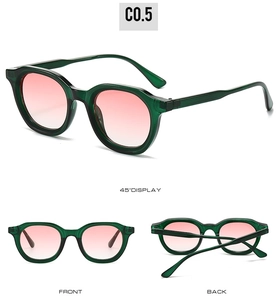 Three-view display of vintage oval sunglasses with green frames and pink gradient lenses