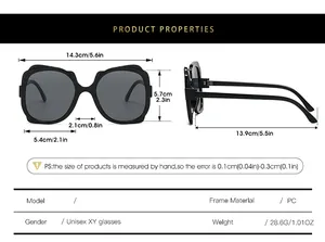 Detailed size chart for butterfly style sunglasses showing frame width and lens dimensions