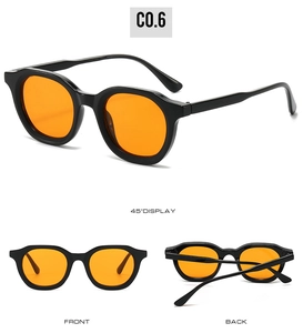 Multiple views of vintage oval sunglasses with black frames and bright orange lenses
