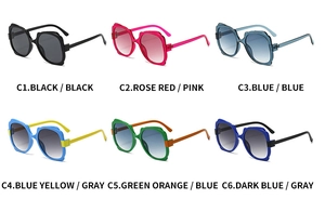 Detailed grid view of butterfly frame sunglasses in black, rose red, and mixed colors